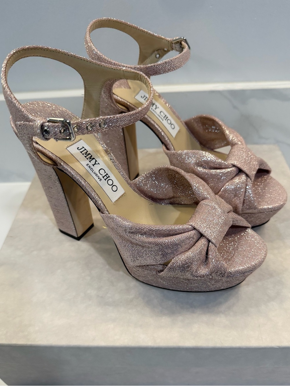 Jimmy Choo Pink Rose Glitter Knot Platform Sandals